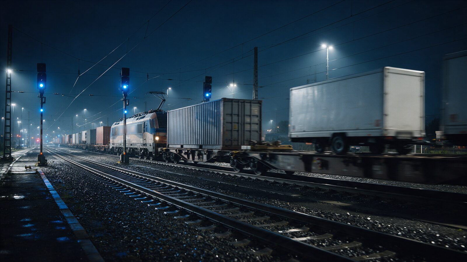 Gece aktarma terminalinden geçen yük treni, vagonlarda konteyner ve dorseler, mavi sinyal ışıkları